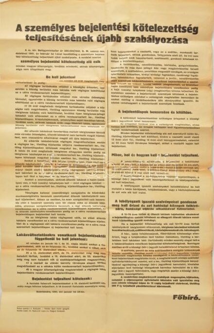 1941 Szentendre, személyes bejelentési kötelezettség lakás, tartózkodás esetére. Nagy méretű plakát, hajtva. 62x98 cm