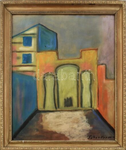 Olvashatatlan jelzéssel: Udvar. Akvarell, pasztell, papír. Dekoratív, üvegezett fa keretben. 61x51 cm