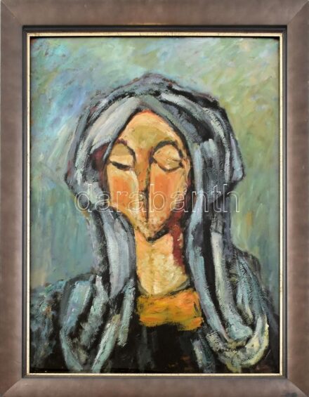 Olvashatatlan jelzéssel: Arckép. Olaj, farost. Dekoratív, üvegezett, kissé kopott fa keretben. 62x47 cm