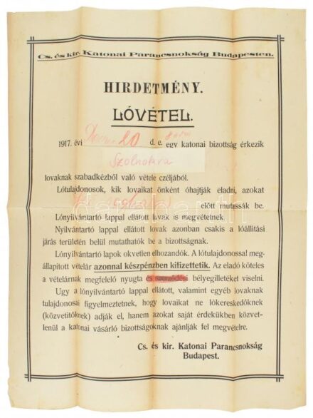 1917 Szolnok Lóvételi hirdetmény 39x51 cm
