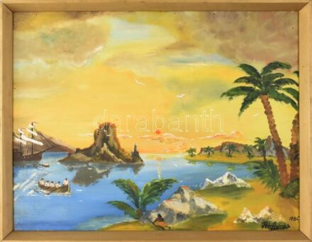Pele András jelzéssel: Felfedezők. Olaj, farost. Dekoratív fa keretben. 65x83,5 cm