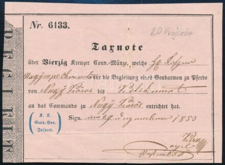 1853 Tarnote kisérőnyugta 40 kr-ról
