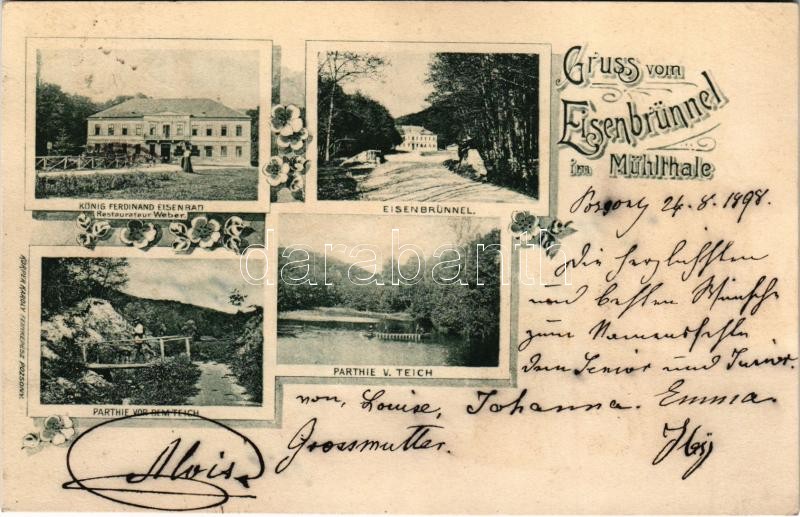 1899 (Vorläufer) Pozsony, Pressburg, Bratislava; Gruss vom Eisenbrünnel (Eisenbründl) im Mühlthale. König Ferdinand Eisenbad Restaurateur Weber, Eisenbrünnel, Partie vor dem Teich / Vaskutacska, Ferdinánd király vasfürdő, étterem, tó