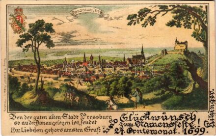 1899 (Vorläufer) Pozsony, Pressburg, Bratislava; Posonium anno 1649. Verlag R. Drodtleff / castle