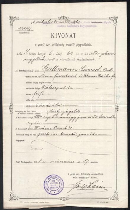 1898 Pesti Izr. Hitközség halotti anyakönyvi kivonat