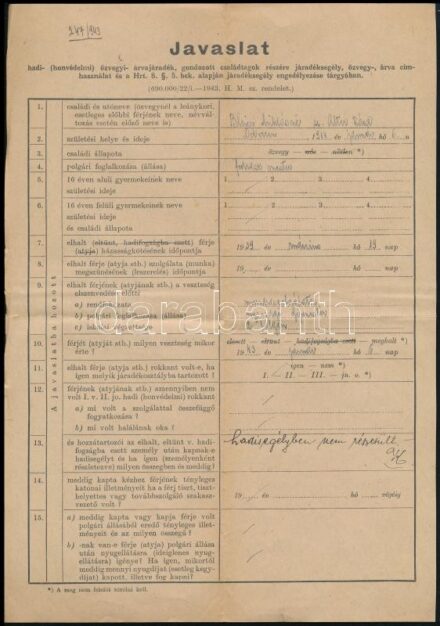 1943 Bp., javaslat hadisegély engedélyezése tárgyában