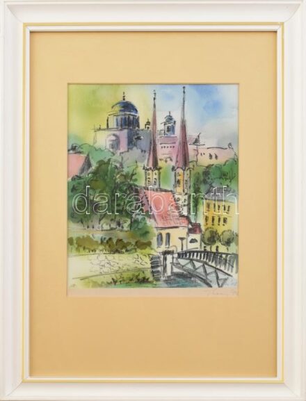 Olvashatatlan (Thomy?) jelzéssel: Esztergomi látkép. Vegyes technika, papír. Üvegezett, kissé sérült fa keretben. 28,5x23 cm