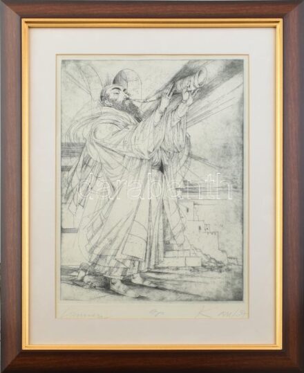 Kass János (1927-2010): Ros Hásáná (ünnep). Zsidó újév. Rézkarc, papír, jelzett (utólagos jelzéssel?). 38x29 cm. Üvegezett dekoratív fa keretben.