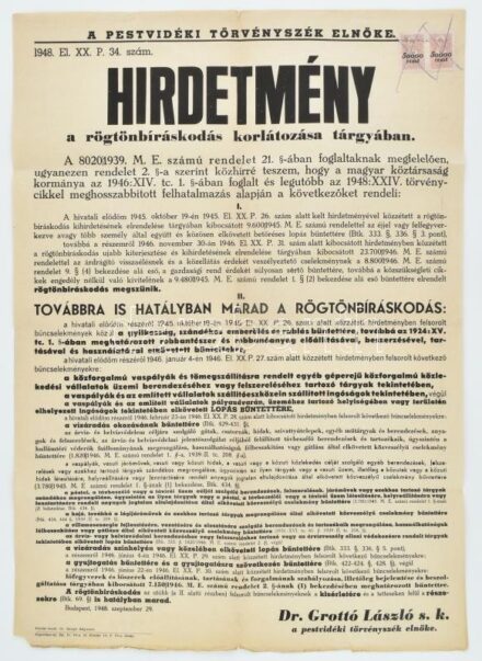 1948 Pestvidéki hirdetmény a rögtönbíráskodás korlátozása tárgyában 42x60 cm
