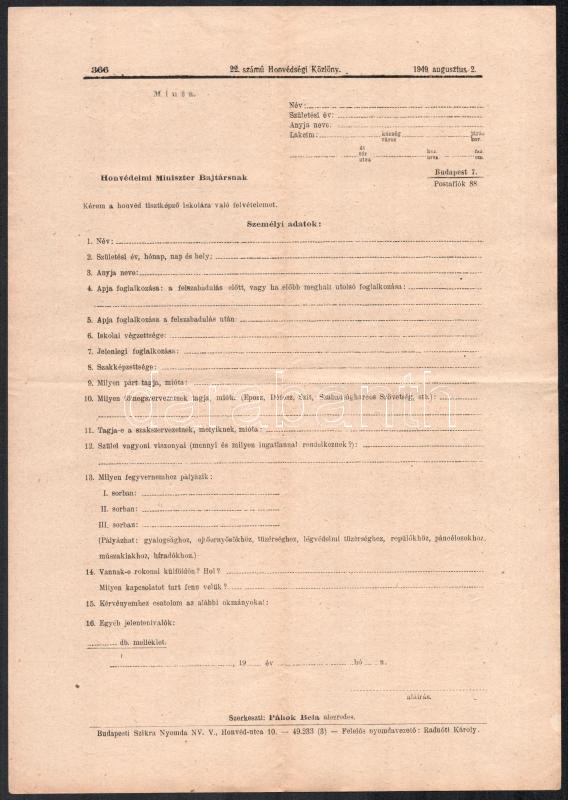 1949 Honvédségi Közlöny felhívása a Kossuth akadémiára felvételről - Image 2