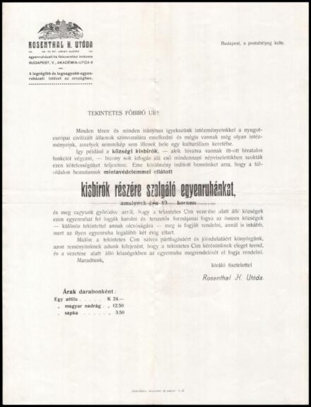 cca 1900 Rosenthal H. Utóda tájékoztatója kisbírók részére szolgáló egyenruhákról, szakadással