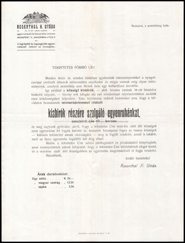 cca 1900 Rosenthal H. Utóda tájékoztatója kisbírók részére szolgáló egyenruhákról, szakadással