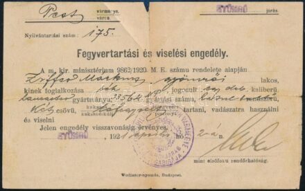 1921 Fegyvertartási és viselési engedély