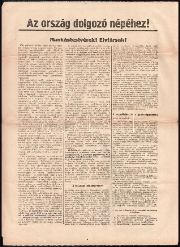 cca 1920 Szociáldemokrata párt választási hirdetmény, benne Trianonnal 30x40 cm