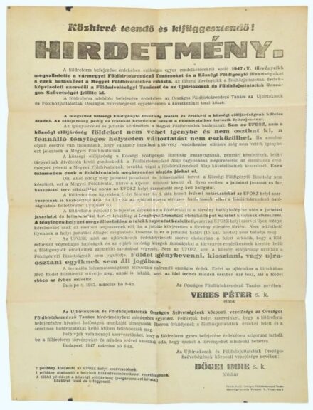 1947 Földreformról szóló hirdetmény 30x42 cm