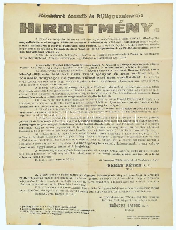 1947 Földreformról szóló hirdetmény 30x42 cm
