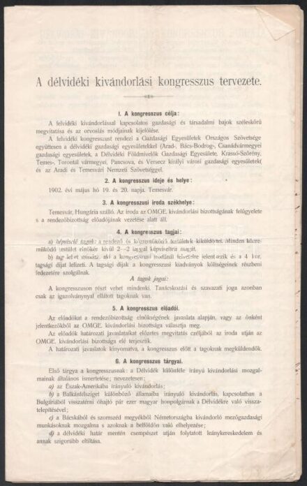 1902 A délvidéki kivándorlási kongresszus tervezete és ezzel kapcsolatos nyomtatványok, levelek (Felhívás a Délvidék társadalmához + határozati javaslat, stb.)