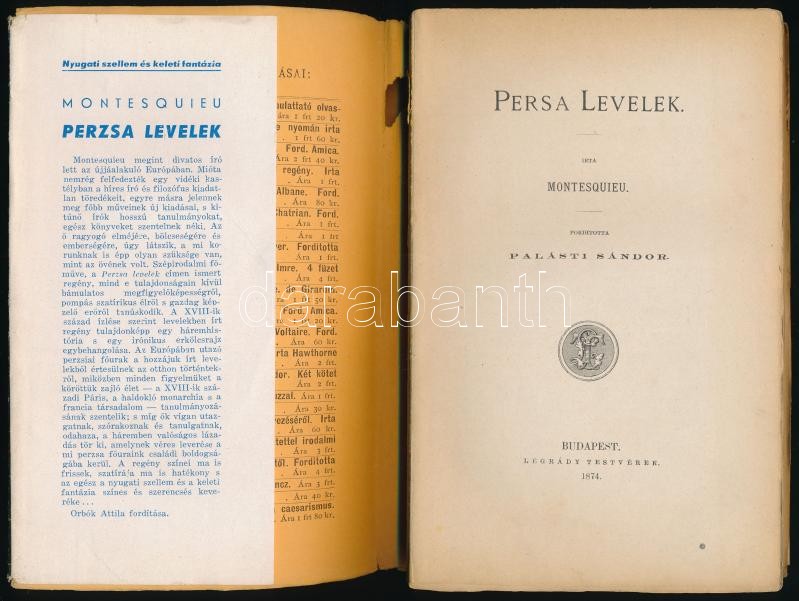 Montesquieu: Perzsa levelek. Ford.: Palásti Sándor. Bp., 1874, Légrády, 2+261 p. Kiadói papírkötésben, a borító szakadt, és nagyrészt elvált a könyvtesttől, a könyvtest szétvált. Későbbi kiadású szakadt illusztrált - Image 2
