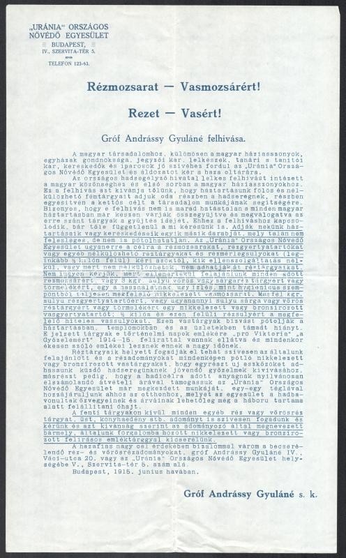 1915 Rézmozsarat vasmozsárért gr. Andrássy Gyuláné felhívása hadi célu beszolgáltatásra. 4 p.