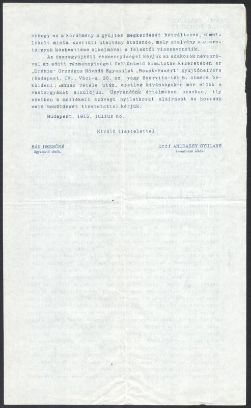 1915 Rézmozsarat vasmozsárért gr. Andrássy Gyuláné felhívása hadi célu beszolgáltatásra. 4 p. - Image 3