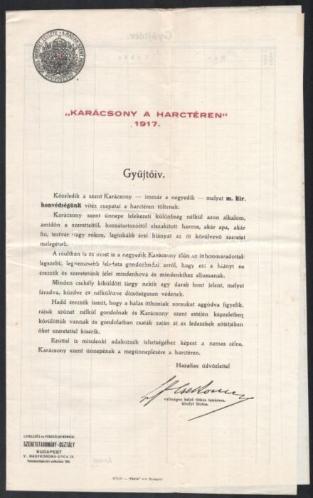 1917 Karácsony a harctéren gyűjtőív és felhívás