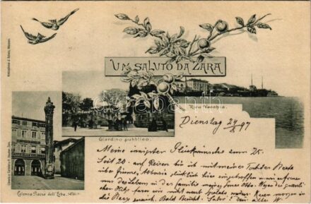 1897 (Vorläufer) Zadar, Zara; Riva Vecchia, Giardino pubblico, Colonna Piazza dell'Erbe, Deposito Mobili, Caffe alla Colonna / old port, park, monument, cafe shop