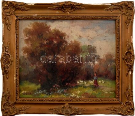 Olvashatatlan jelzéssel: Libapásztorlány. Olaj, karton. Sérült fakeretben. 20x25cm