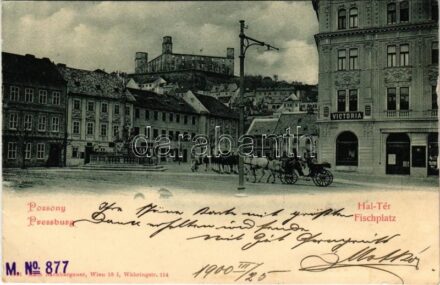 1900 Pozsony, Pressburg, Bratislava; Hal tér, vár, Victoria üzlet. Hans Nachbargauer / square, castle, shop (kis szakadás / small tear)