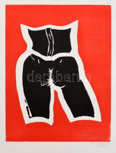 Nagy András (?-): Fekete-piros kompozíció. Szitanyomat, dombornyomás, papír. Jelzett. Lap széle törésnyomokkal, kissé foltos. 25,5x19,5 cm