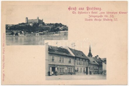 Pozsony, Pressburg, Bratislava; Th. Szilovics's Hotel 'zum schwarzen Löwen', Iringergasse Nr. 32., Gasthof / Szilovics vendéglője a fekete oroszlánhoz / restaurant (fl)