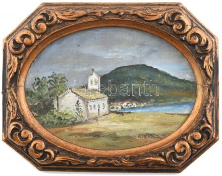 Jelzés nélkül: Templom. Olaj, vászon. Dekoratív keretben. 12x17cm