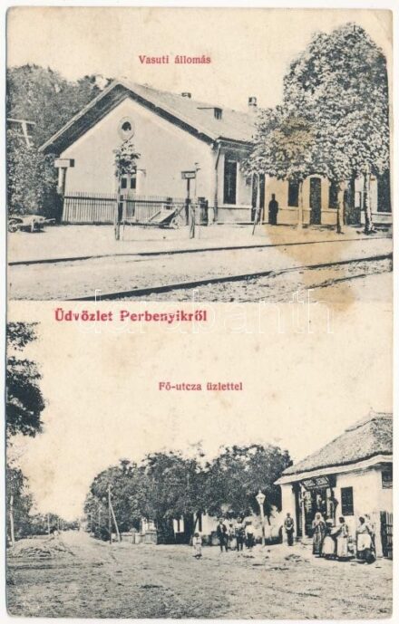 1908 Perbenyik, Pribenik (Királyhelmec mellett); vasútállomás, Fő utca, Weisz Jenő üzlete és nála kapható / railway station, shop, main street (EK)