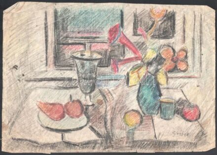 Gráber jelzéssel: Csendélet. Kréta, ceruza, papír, sérült, foltos. 23,5x33,5 cm