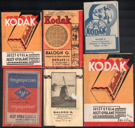 Budapesti II. kerületi fényképészek reklámtasakjai (Balogh G., Juszt Gyula, stb.), 6 db