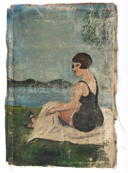 Jelzés nélkül: A Balaton szépe. Olaj, vászon. Vakráma nélkül. Sérült. 45,5x33 cm