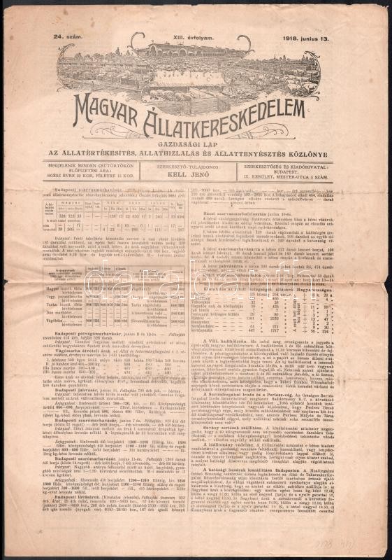 1918 Magyar Állatkereskedelem gazdasági lap XIII. évfolyam 24. szám, 4p