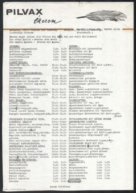 1967 Pilvax étterem 2 db étlapja