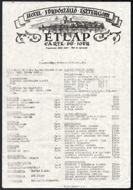 1975 Hotel Fürdőszálló Esztergom étlapja