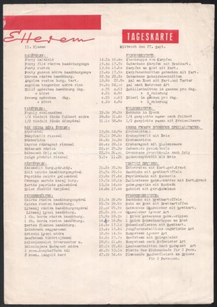 1967 Vörösrák étterem étlapja