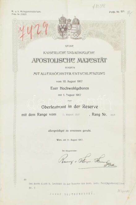 1917 Tartalékos főhadnagy kinevezés szárazpecséttel 42x29 cm kis beszakadással