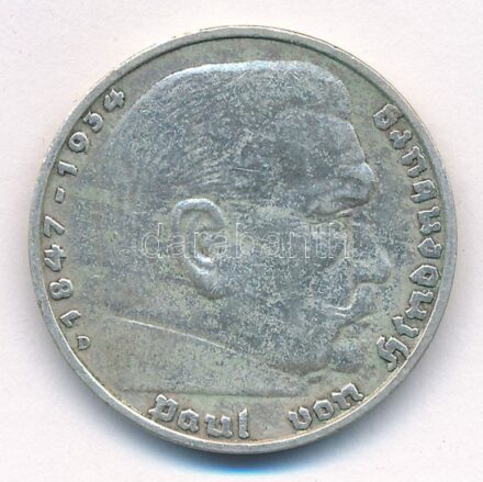 Német Harmadik Birodalom 1935D 5M Ag 'Hindenburg' T:2 patina German Third Reich 1935D 5 Mark Ag 'Hindenburg' C:XF patina Krause KM#86