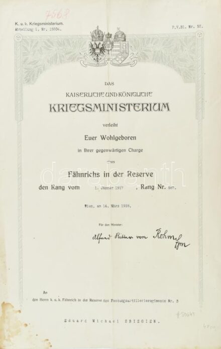 1917 Tartalékos zászlósi kinevezés szárazpecséttel 42x29 cm folttal