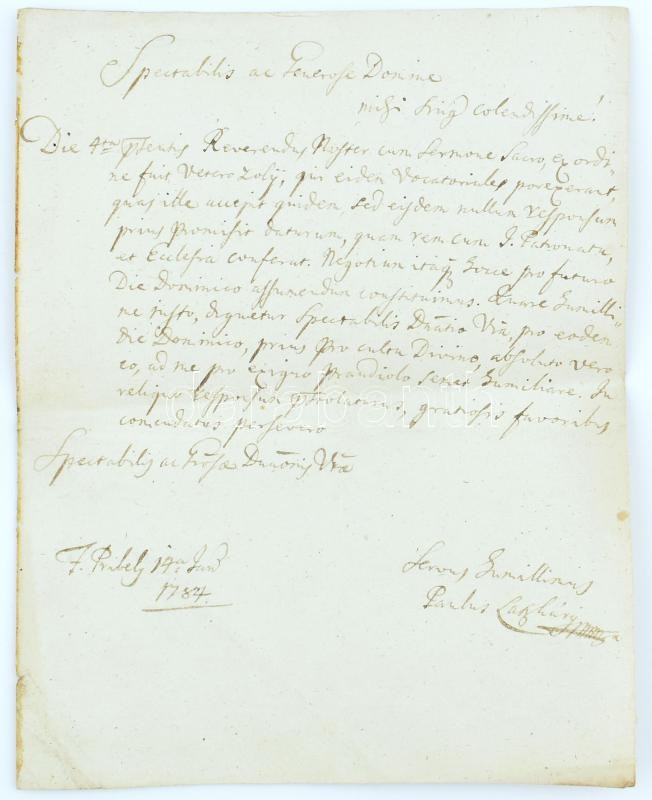 1784. Levél Tihanyba Feslőpribélyről Lacházy Pál aláírással