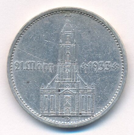 Német Harmadik Birodalom 1934D 5M Ag 'Náci hatalom első évfordulója', hátoldal '21. März 1933' dátummal T:2- ph. German Third Reich 1934D 5 Marks Ag '1st Anniversary of Nazi rule', reverse with '21. März 1933' date C:XF,VF edge error