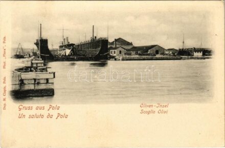 Pola, Pula; Oliven-Insel / Scoglio Olivi / Olíva-sziget a hadihajógyárral / Austro-Hungarian Navy, K.u.K. Kriegsmarine shipyard. Dep. M. Clapis. Phot. 'Flora' (fl)