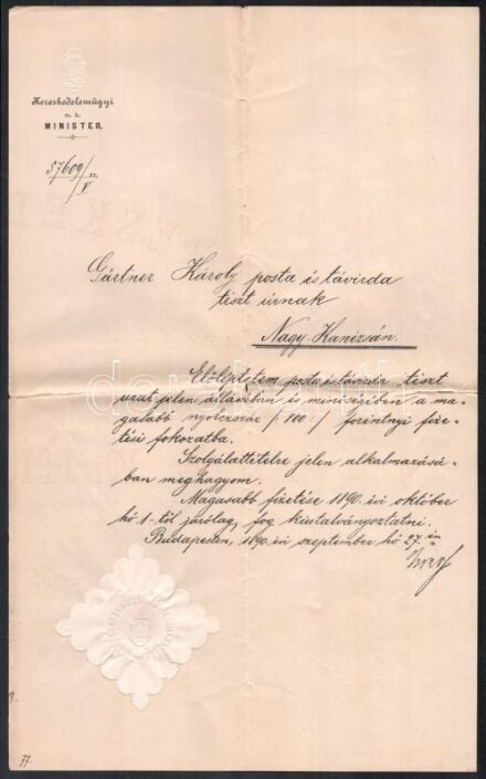 1890 Baross Gábor (1848-1892) kereskedelemügyi miniszter autográf aláírása egy előléptetési papíron, Gärtner Károly nagykanizsai posta és távirda tiszta részére, fejléces és vízjeles papíron, papírfelzettel, hajtva,