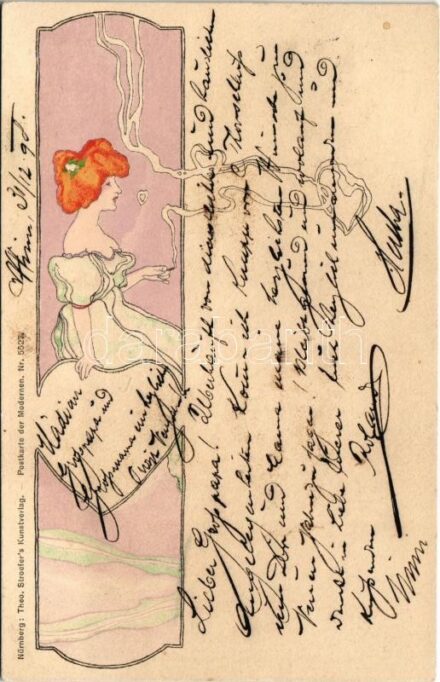 1899 (Vorläufer) Coeur Dame. Art Nouveau lady smoking. Theo. Stroefer's Kunstverlag - Postkarte der Modernen Nr. 5527. Unsigned Raphael Kirchner art postcard (Rb)
