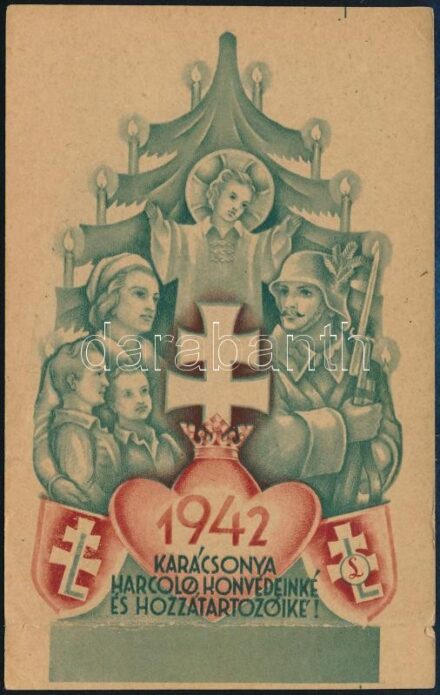 1942 karácsonya harcoló honvédeinké és hozzátartozóiké - emléklap, Bozó Gyula grafikája, alja hajtott 16x10 cm