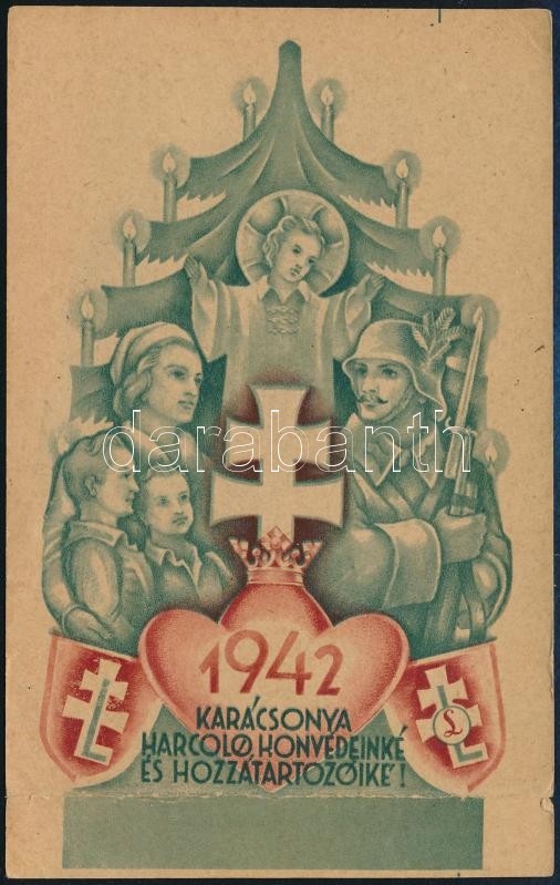 1942 karácsonya harcoló honvédeinké és hozzátartozóiké - emléklap, Bozó Gyula grafikája, alja hajtott 16x10 cm