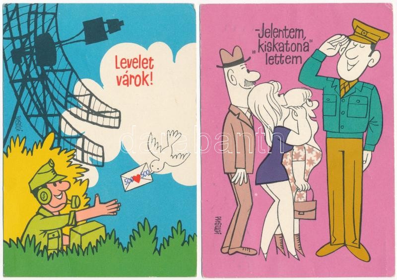 5 db MODERN magyar katonai humoros grafikus képeslap: kiskatona / 5 modern Hungarian humorous military graphic postcards - Image 2